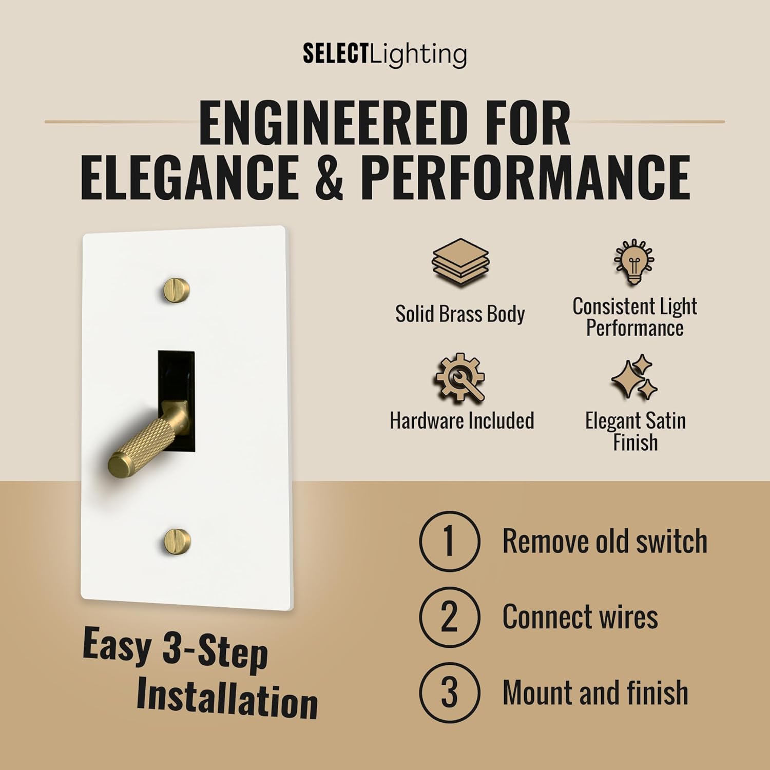 Select 15A 120V AC 1-Gang Toggle Switch, White with Solid Brass Vintage Style Single Pole 3 Way Compatible Wall Mount Toggle Switch, Included Faceplate & Switch Module, UL Listed