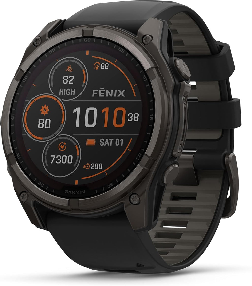 Garmin Fenix 8 Premium Multisport GPS Running Smartwatch, 51 mm, Sapphire, Solar, Dive-Rated, Built-in Flashlight, DLC Titanium with Pebble Gray Band - Signature Series Charging Stand