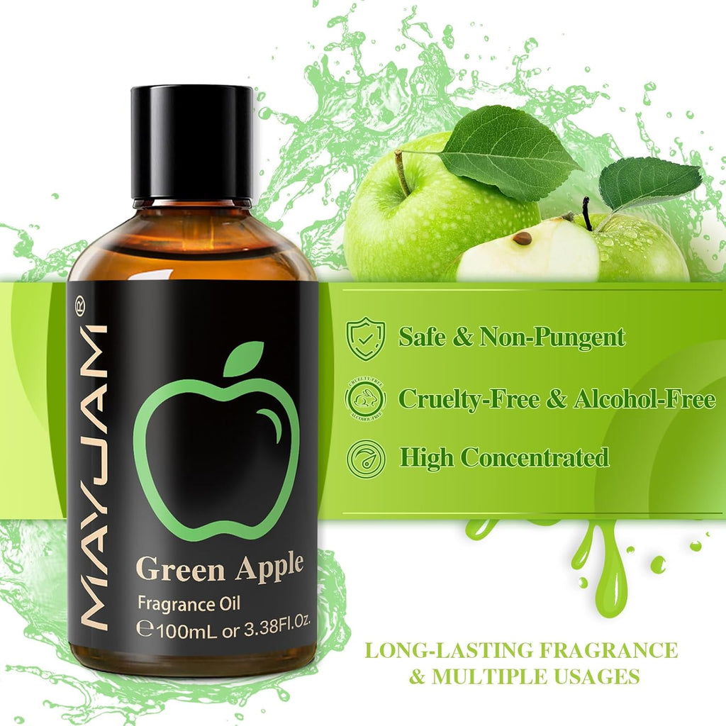 MAYJAM 3.38FL.OZ Green Apple Fragrance Oils with Glass Dropper, 100ML Essential Oils for Diffusers for Home, Long Lasting Scented Oils for Diffusers Soap Candle Making