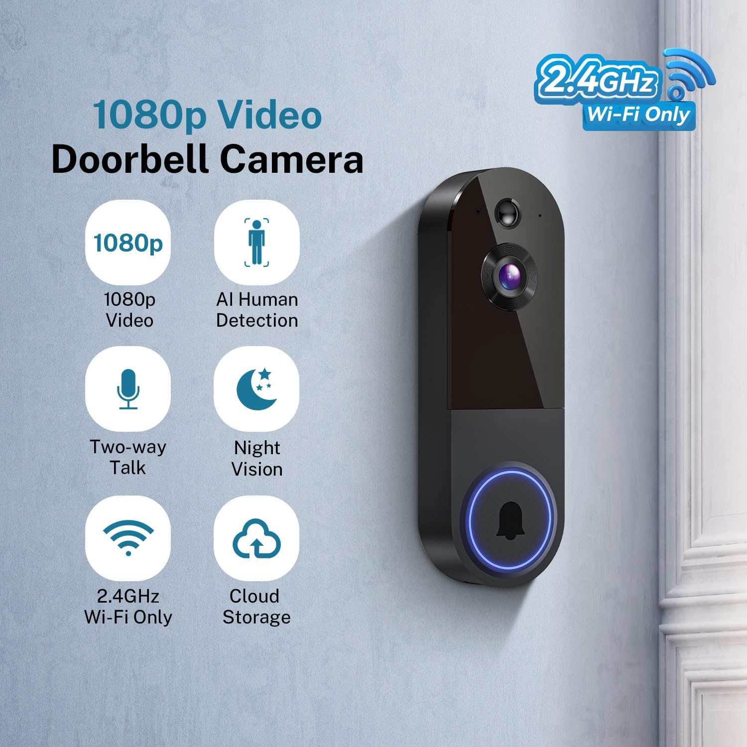 1080p Wireless Wi-Fi Video Doorbell Camera with Night Vision, Two Way Audio, 2.4G WiFi Only, AI Motion Detection and Cloud Storage (Sold Separately)