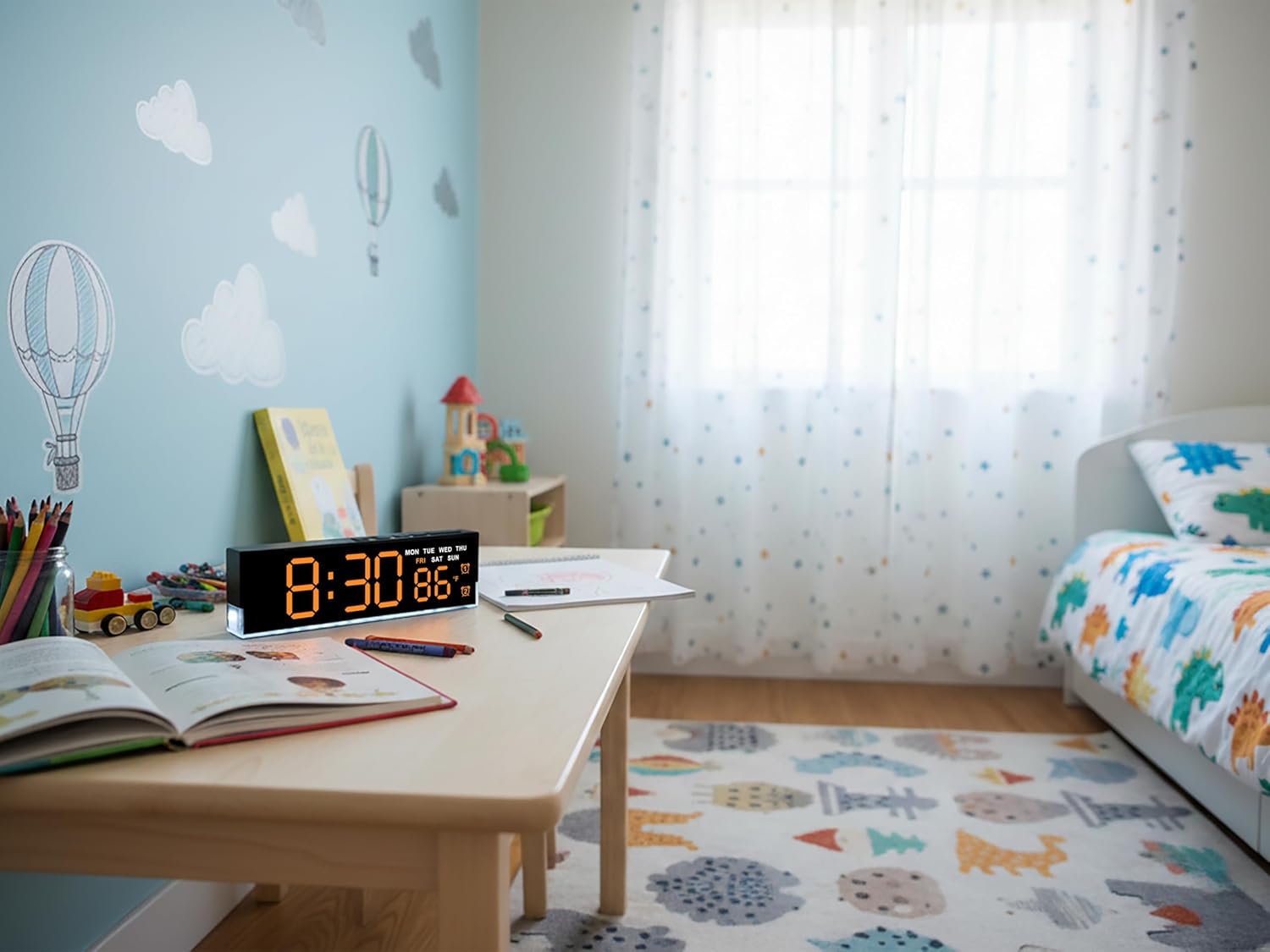 zyzamay 7-Inch Modern LED Digital Alarm Clock with Dual Alarms & Soft Bottom Light｜Displays Time, Date, Day, Temperature｜3-Level Auto/Manual Brightness,DST, USB or Battery Powered Desk Clock,Orange