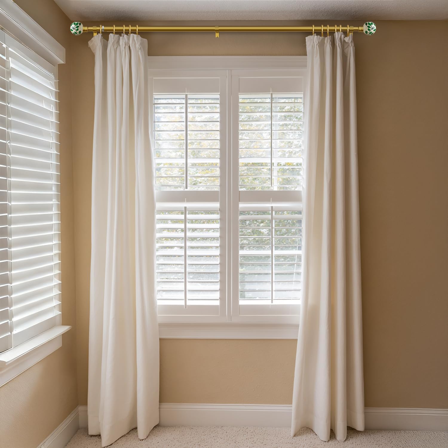 Ceramic Gold Curtain Rods Set of 2 for Windows 72 to 144 Inches Adjustable Length Duty 1" Diameter Window Curtain Rod with Modern Green Leaf Pattern Decorative Finials for Bedroom Living Room Kitchen