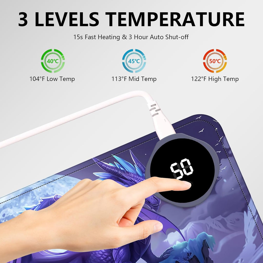 Heated Mouse Pad with 3 Levels Heated & 3 Hours Auto Shut-Off Mouse Pad for Warming Hands in Office Home, 31.5" x 13"Large Safe Desk Mat Hand Warmer，Angry Flying Dragon