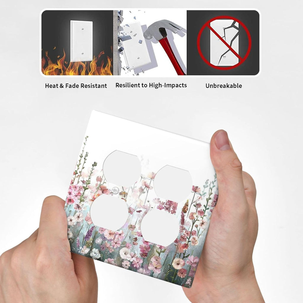 Colorful Flowers Pink Floral Watercolor Plant Outlet Covers 2 Gang Double Duplex Decorative Light Switch Covers Electrical Wallplates Socket Faceplate for Bed Room Living Room Decor