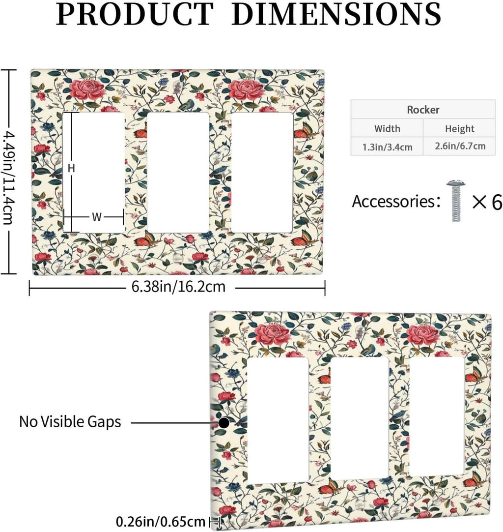 Light Switch Covers Vintage Flowers Rose Leaf Bird Butterfly 3 Gang Rocker Electrical GFCI Decorative Triple Outlet Wall Plate Cover Switchplate for Bedroom living Room Decor