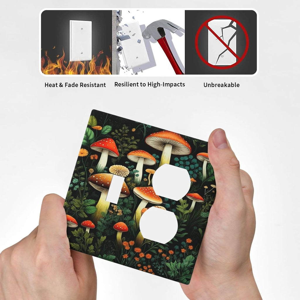 Decorative Outlet Covers Red Mushroom Flowers Green Leaf Plants 2 Gang Wall Plate Single Toggle Duplex Light Switch Cover Switch Plate Covers Faceplate for Bedroom Home Decor