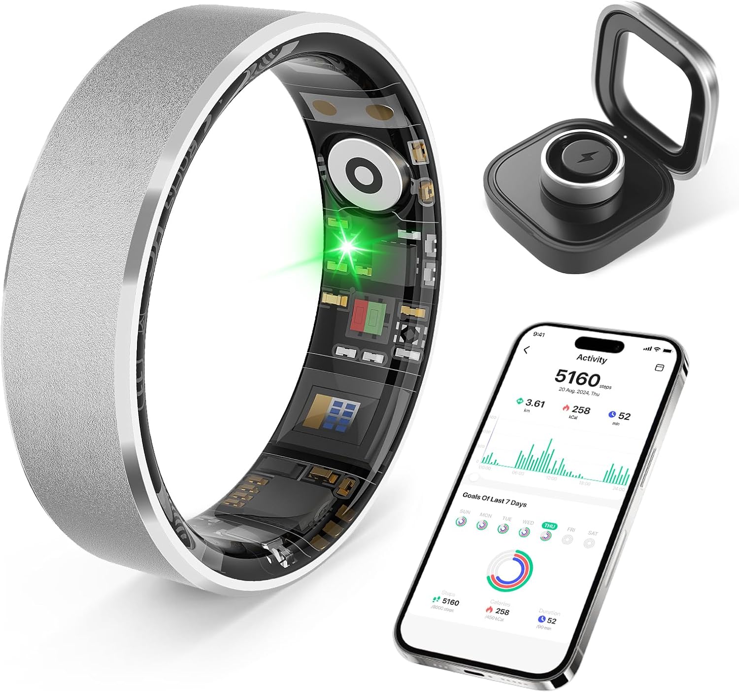 Smart Health Ring, Featuring Stress and Sleep Monitoring Functions, Compatible with iOS and Android, Waterproof Fitness Tracker for Women & Men, No Subscription Fee. (Brushed Silver, 7)