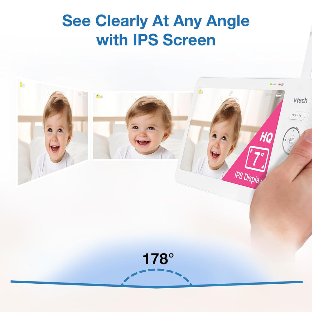 VTech Advanced HQ Max Twin 7" Digital Video 2-Cameras Baby Monitor with Pan Tilt Zoom, Long Battery Life 5000mAh, IPS Screen, Adaptive Multi-Color Night Light, 2-Way Talk, HQ Display, No WiFi, White