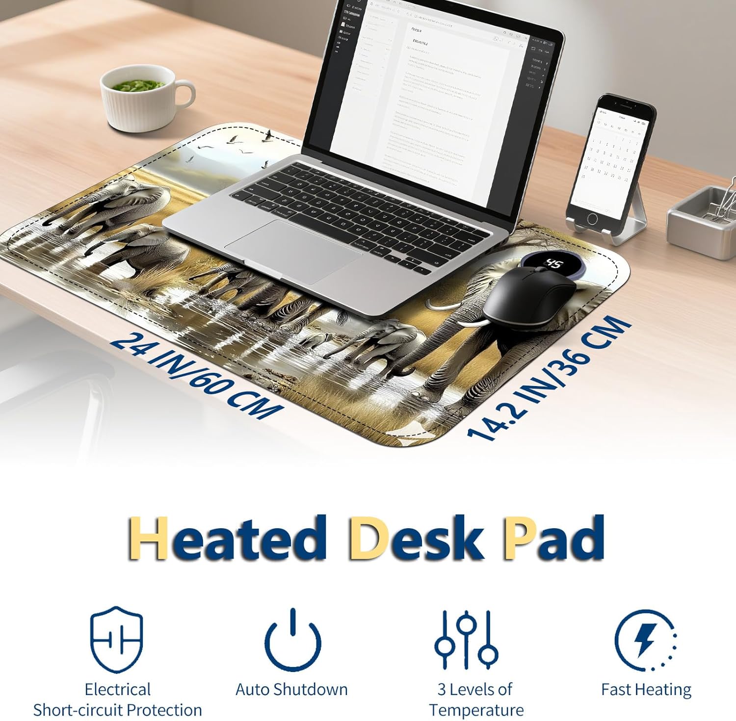 Heated Mouse Pad with 3 Temperature Settings(104°F–122°F),Large 24x14.2 Inch PU Leather Heated Desk Mat,Waterproof Warming Pad for Office,Gaming & Cold Hands Relief,Elephant Herd