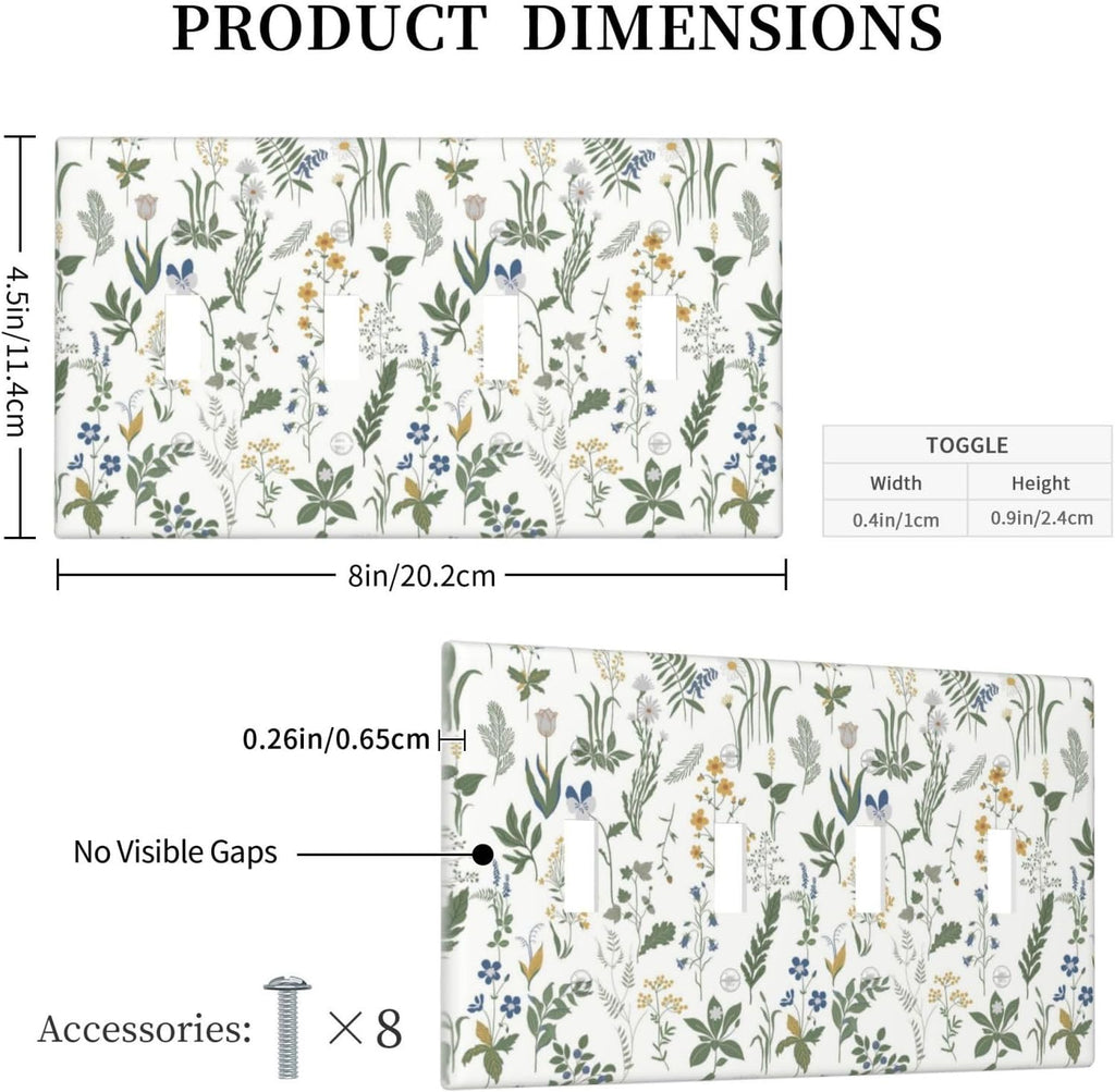 Light Switch Covers Floral Green Leaf Plant Flowes Quad Toggle Electrical Faceplate 4 Gang Wall Plate Decorative Switch Plates For Bed Room Farmhouse Decor