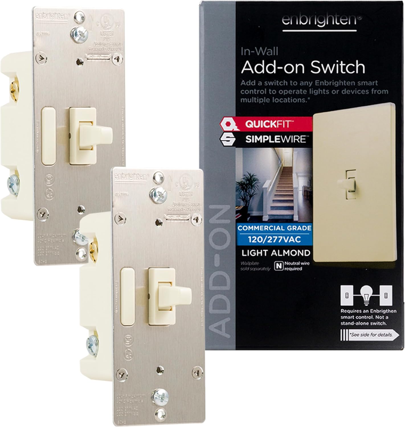 Enbrighten Almond Add-On Switch, QuickFit & SimpleWire, Z-Wave/Zigbee, Not A Stand Alone Switch, 2 Pack, 85096
