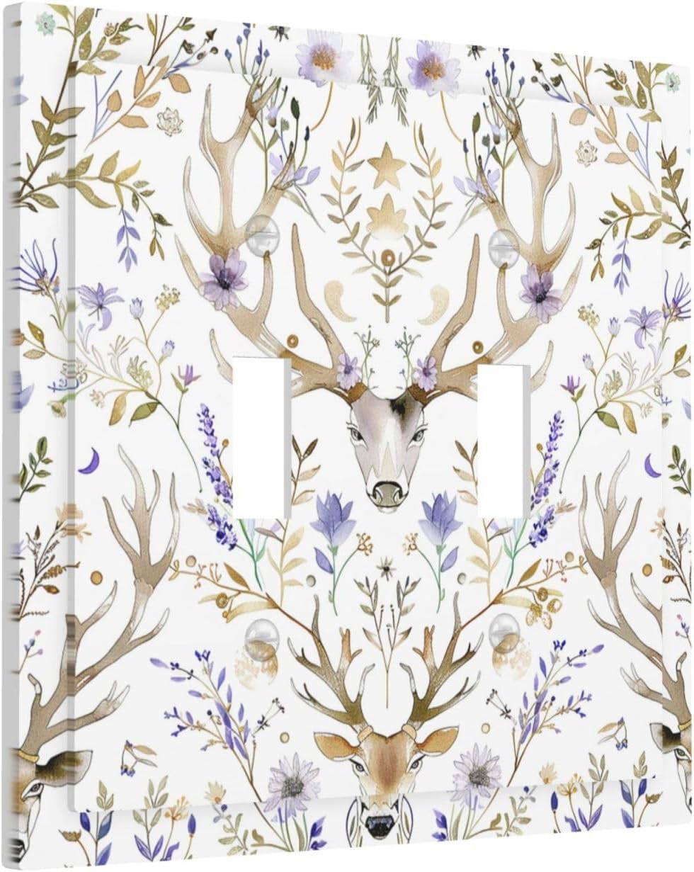 Decorative Switch Plates Gothic Retro Floral Damask Elk Wild Flower 2 Gang Double Toggle Outlet Light Switch Cover Wall Plate Electrical Faceplate For Bed Room Living Room Decor