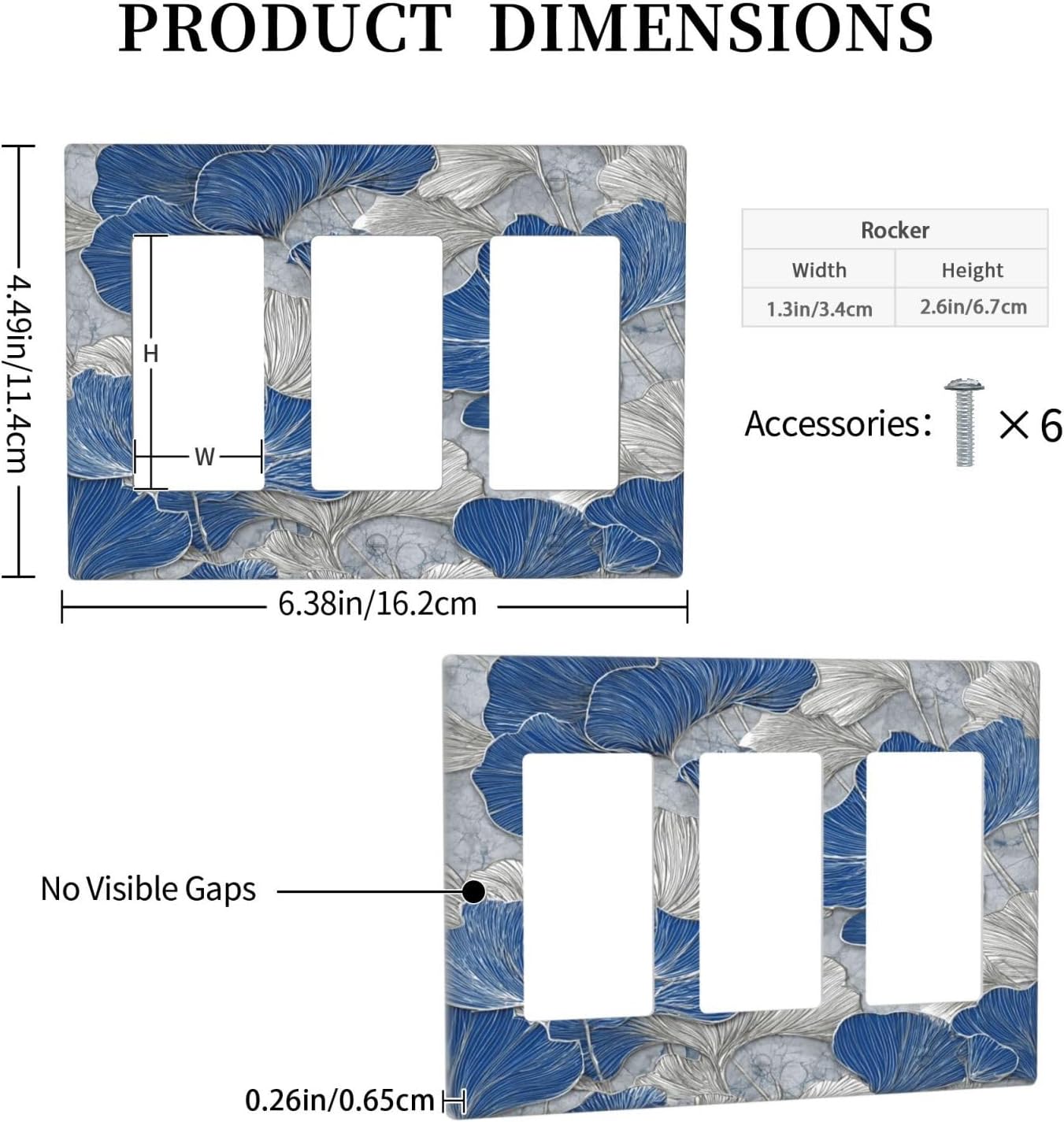 Abstract Blue Marble Plant Leaves 3 Gang Triple Rocker Decorative Light Switch Covers Electrical Faceplate Switch Plates for Bathroom Kitchen Home