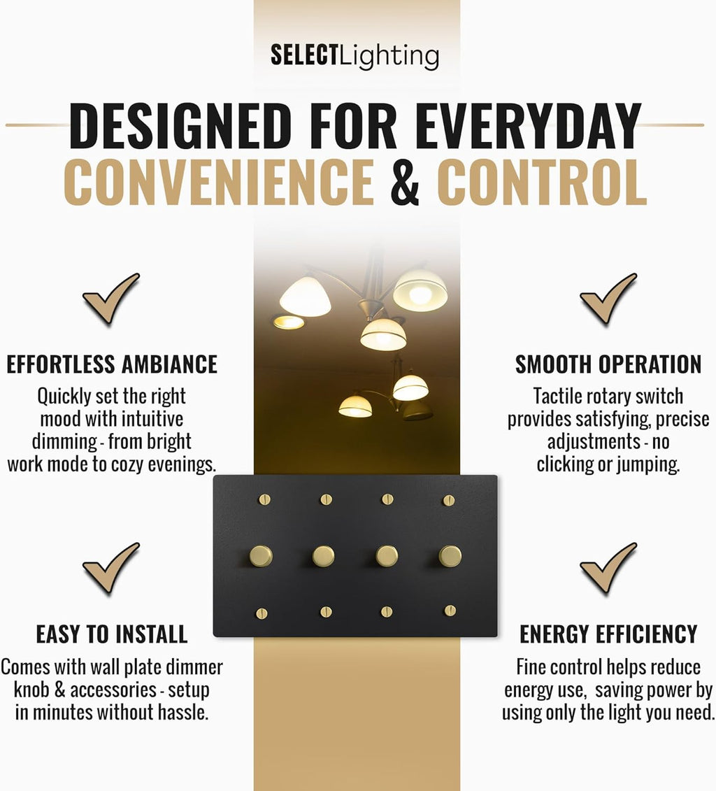 SELECT Black Brass Dimmer Light Switch, 1 Way Rotary Dimmer, 4 Gang TRIAC/Leading Edge Dimmable LED Light Switch, 15A 120V AC with Brass Knob, Faceplate & Dimming Module, UL Listed
