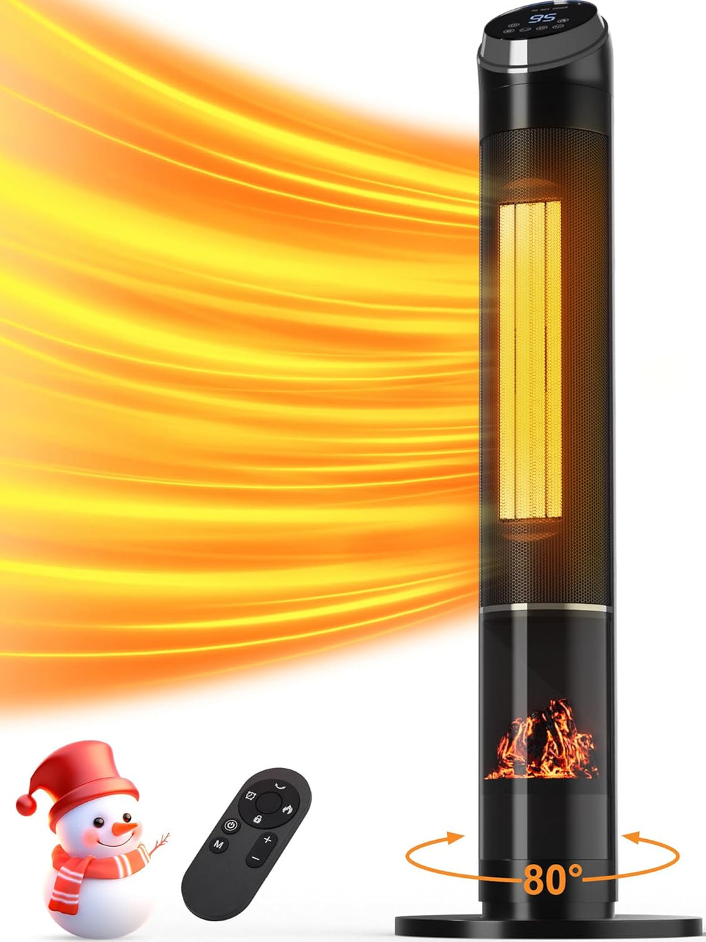 Space Heaters for Large Room, 38IN Electric Heater with Thermostat, 1500W Portable Space Heater with 80°Oscillation, 24H Timer Bedroom Heater, Remote Control, Tip-over & Overheat Protection Indoor Use