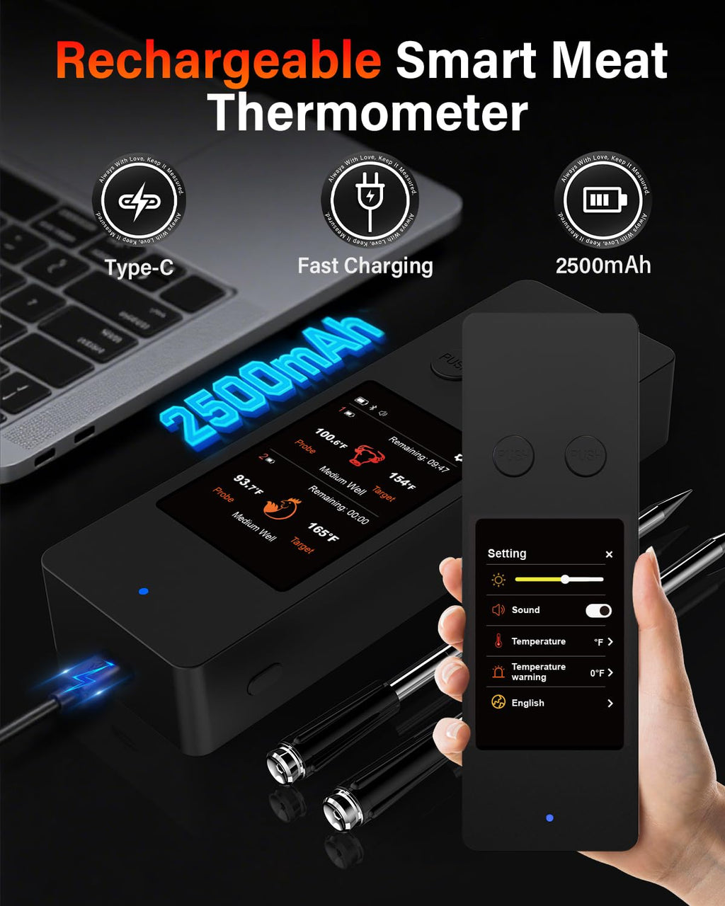 Bluetooth Wireless Meat Thermometer with App, Touch Screen, Audible Alarm, 2 Probes, 800ft Range & Rechargeable Base, Kitchen Food Thermometer for Cooking, BBQ, Smoker | Stocking Stuffers for Men