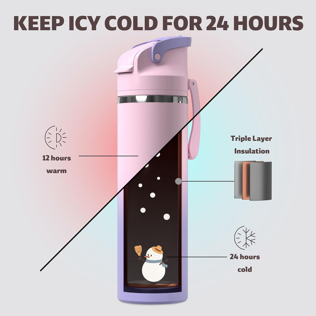 OISIZ Insulated Water Bottle 24 oz with 2 in 1 Spout and Straw Lid,One Click Safety Lock,100% Leakproof,Keep Cold 24H,Vacuum Stainless Steel Water Bottle for School,Travel and Sports,Dishwasher Safe