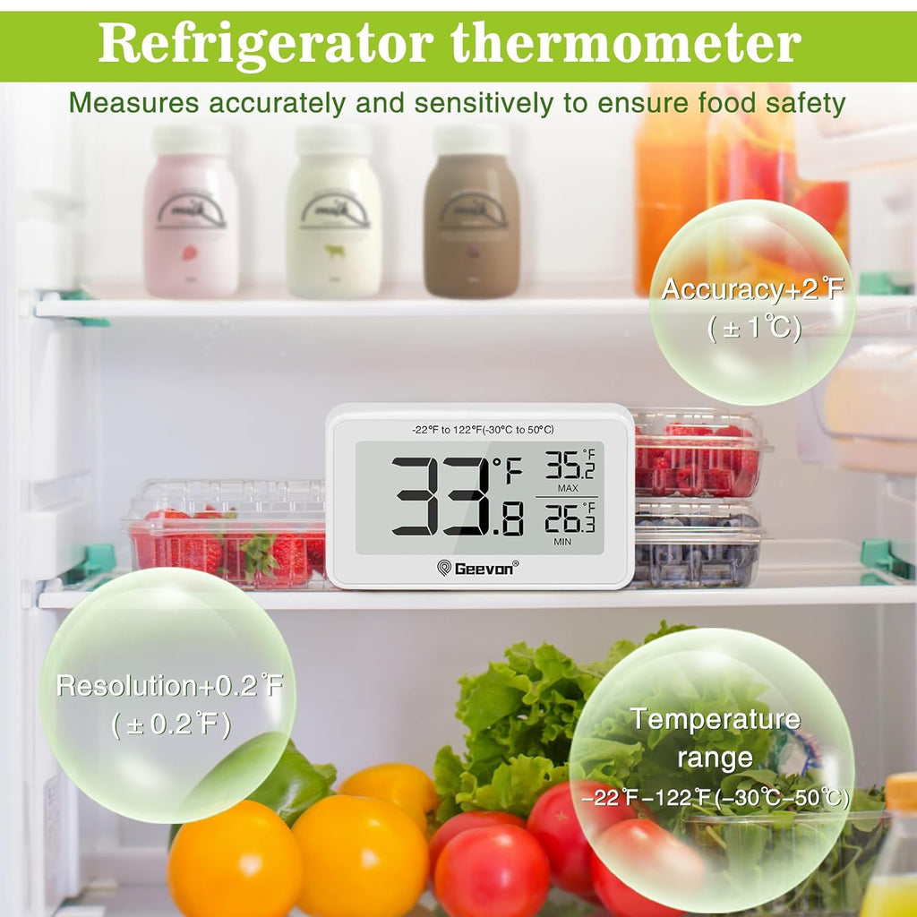 Geevon Refrigerator Thermometer Digital Fridge Thermometer IP65 Waterproof with Large LCD Display,Max/Min Record Function,Magnetic Back,for Fridge,Freezer Scenarios (White-1Pack)