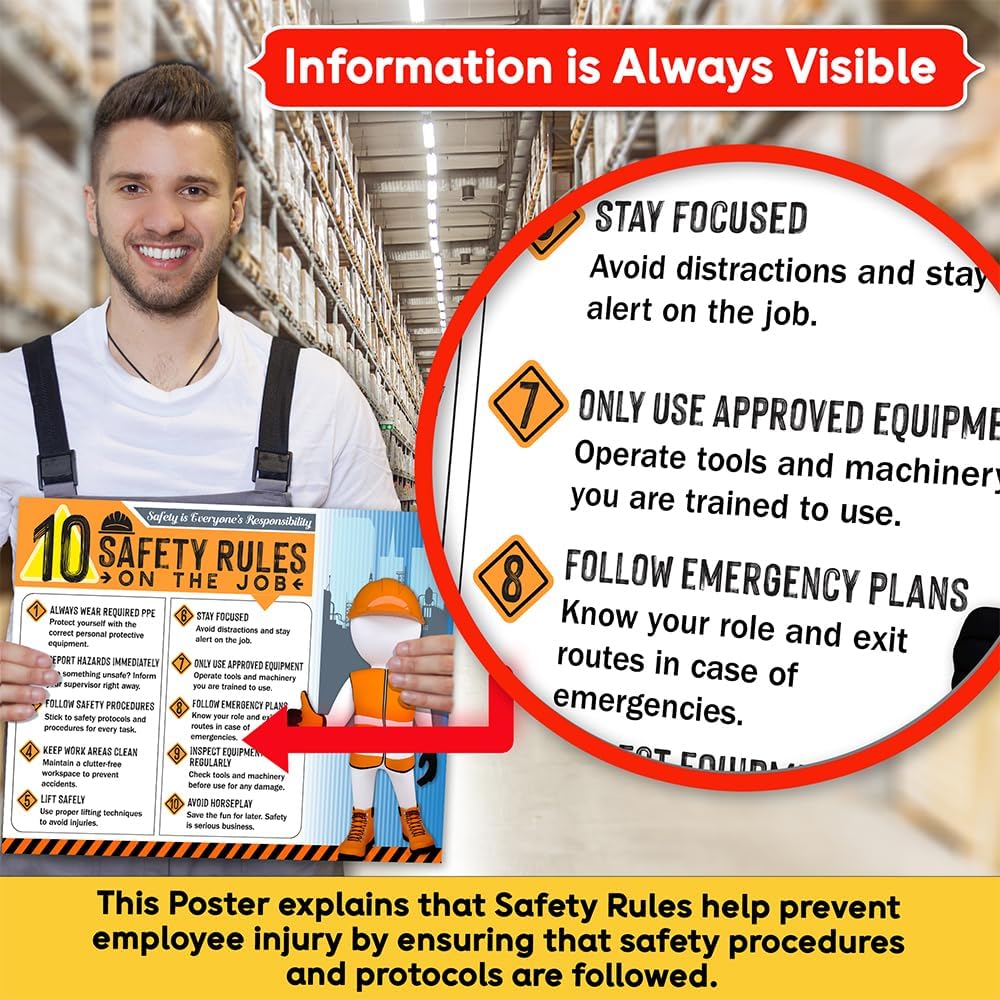 10 Safety Rules on the Job Poster – 18x24 Durable Laminated Safety Sign, Tear-Resistant, Waterproof Workplace Safety Poster for Industrial and Construction Settings (Pack of 2)
