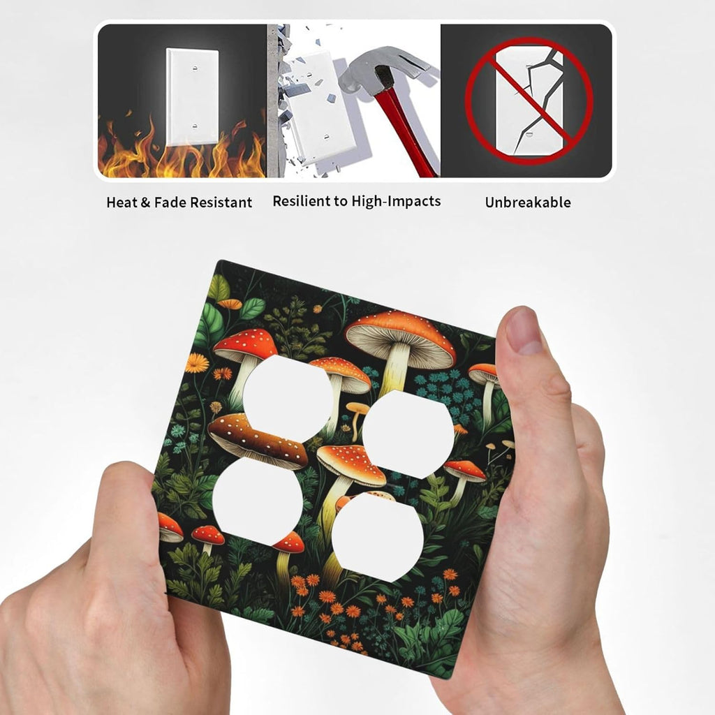 Decorative Outlet Covers Red Mushroom Flowers Green Leaf Plants 2 Gang Wall Plate Double Duplex Light Switch Cover Switch Plate Covers Faceplate for Bedroom Home Decor