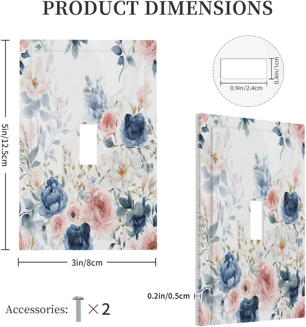 Elegant Watercolor Pink Blue Flowers Floral Single Toggle Light Switch Cover plate Outlet Cover Decorative Switchplate Wall Plates Electrical Panel Cover for Bathroom Living Room 5 X 3 IN