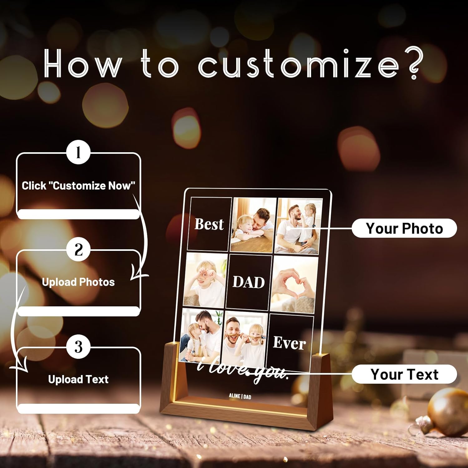Personalized Dad Gifts for Fathers Day, Custom Fathers Day Gift from Daughter Son Kids, Customized Dad Gifts for Husband from Wife, Unique Best Dad Picture Frame with Your Photos