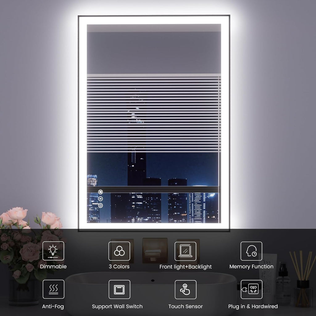 WTTY 28"X36" LED Bathroom Mirror with Black Frame, Bathroom Vanity Mirror with Lights for Wall, Front Light and Backlit, Anti-Fog, Dimmable, 3 Colors, Shatterproof, Memory, Horizontal/Vertical