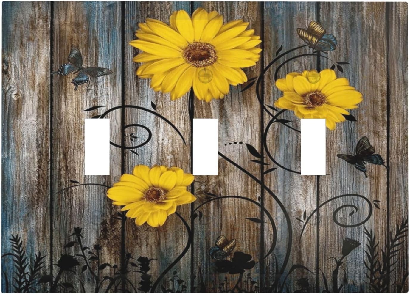 Rustic Barn Sunflower Wooden Daisy Flower Plank Decorative Switch Plates 3 Gang Wall Plate Triple Toggle Light Switch Cover Faceplate Electrical Wall Panels for Farmhouse Home Decor