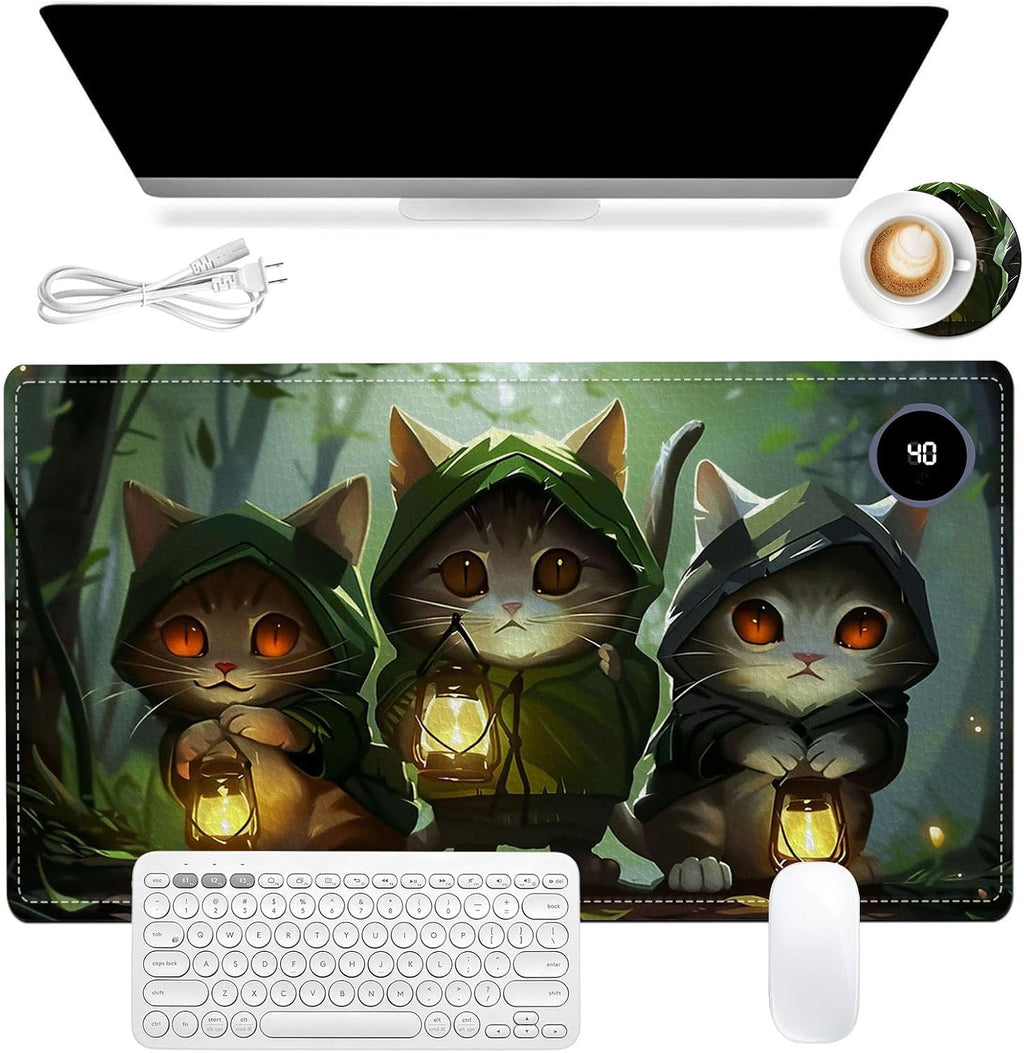 Heated Mouse Pad, Warm Desk Pad, Keyboard Mat 23.6 x 14 Inch Intelligent Fast Heating, 3 Speed Adjustable, Timed Auto Power Off for Game Office Home, 3 Cat Apostles Carrying Lanterns