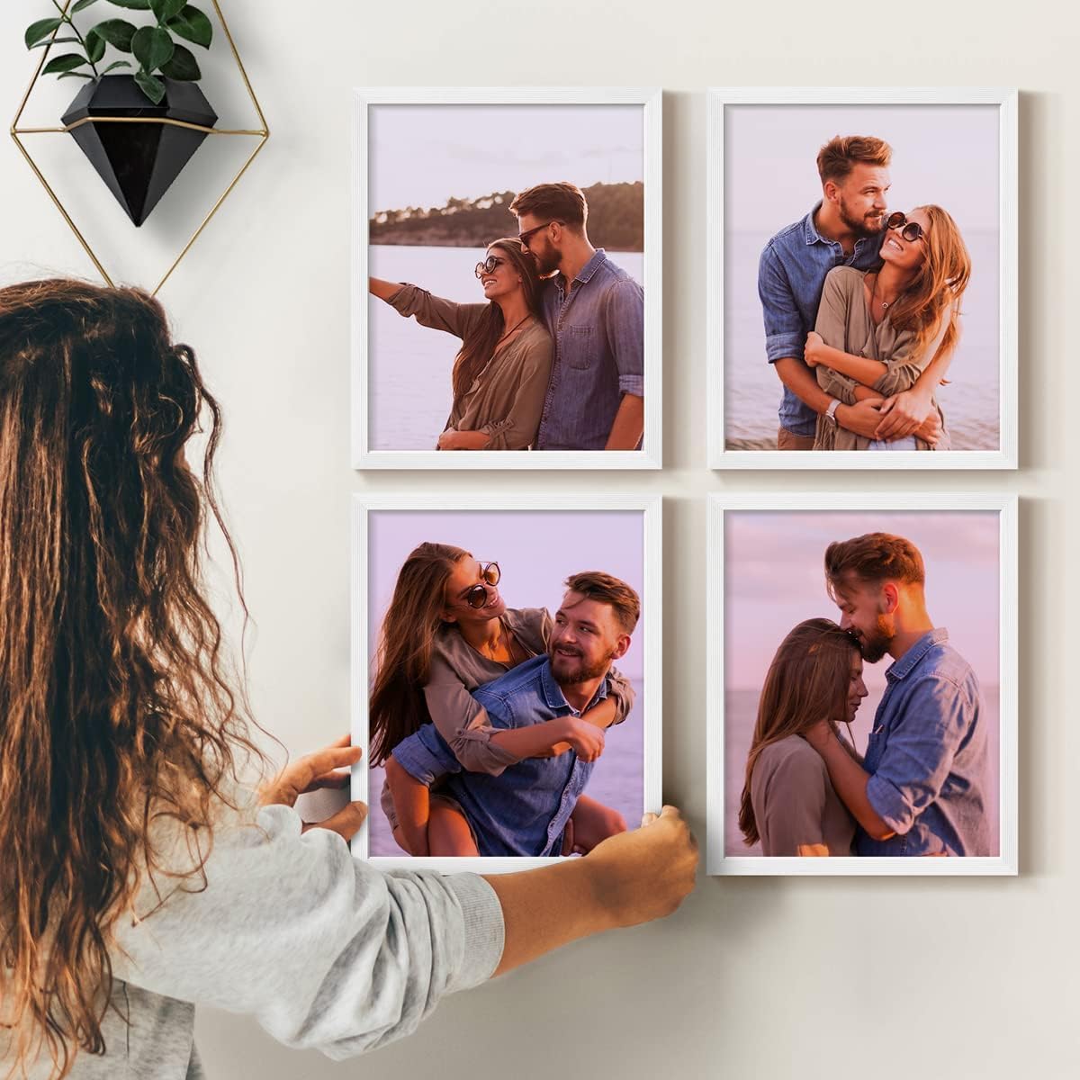 Renditions Gallery Set of 4, 8X10 Custom Photo Prints with Real Wood Picture Frames. Create Personalized Photos with Peel & Stick Photo Frames. White Frame