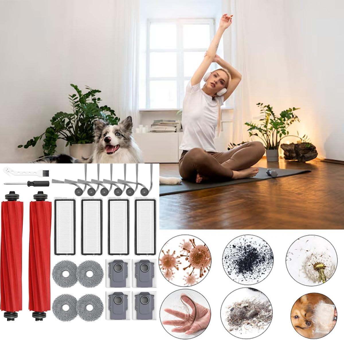 Accessories Replacement Kit Compatible With Roborock QV 35A 35S Robot Vacuum Cleaner,2 Main Brush Roller,4 Hepa Filters,4 Mop Pads,6 Side Brushes,4 Dust Bags,2 Tool