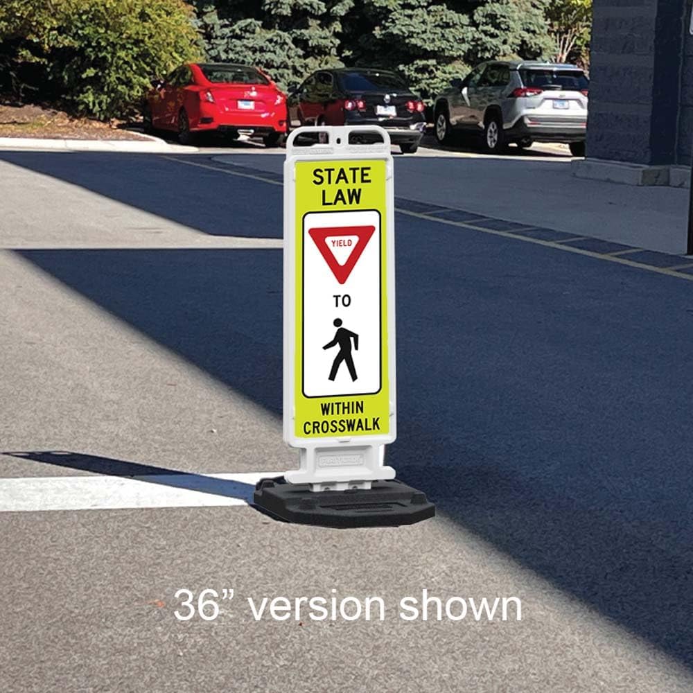 Plasticade Crosscade Crosswalk Sign, 24" Vertical Panel with 12x24 State Law Yield To Pedestrians Sign, Impact-Resistant Rubber Base, Diamond Grade Reflective Background and HIP Sheeting