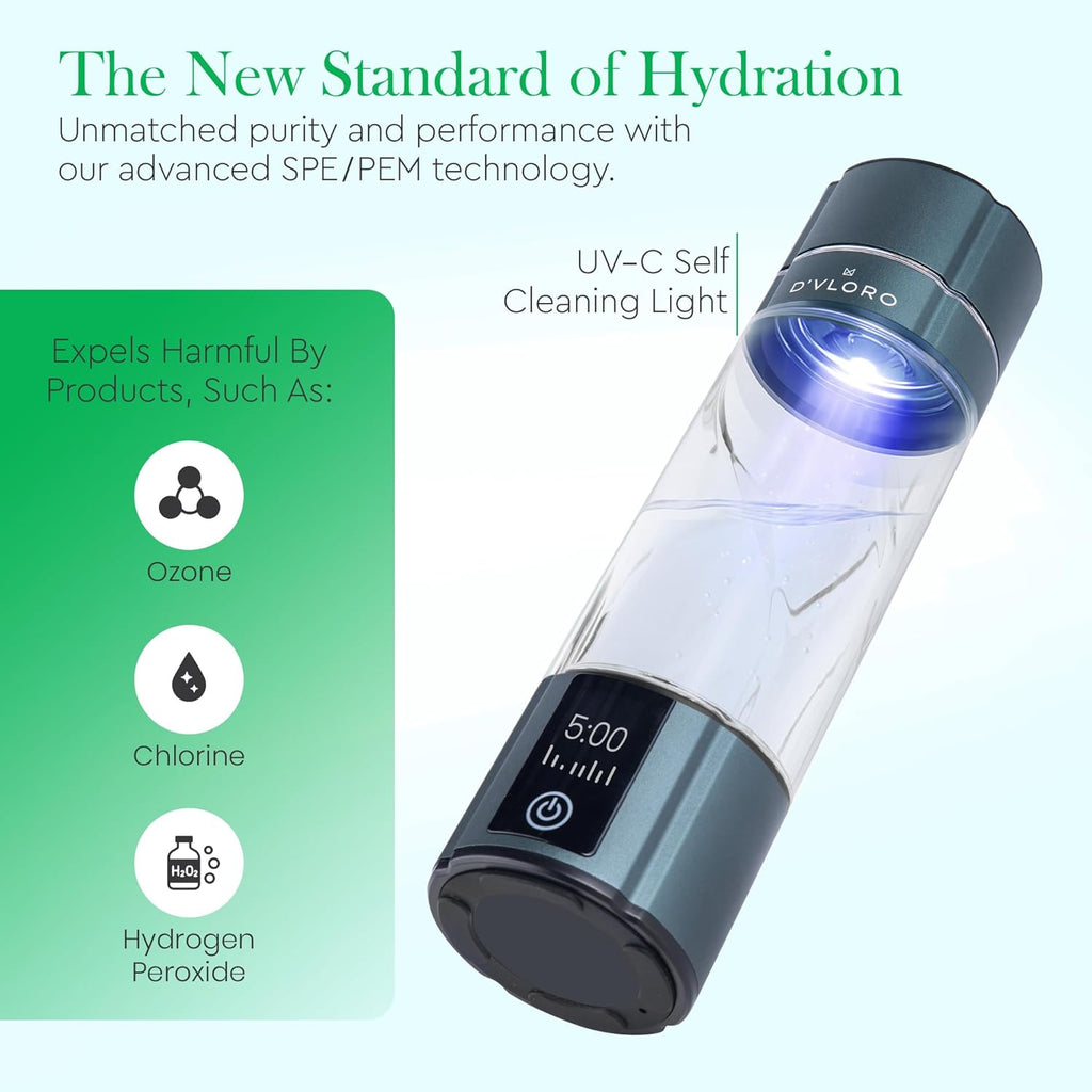 D’VLORO Hydrogen Bottle – Portable 10 OZ H₂ Infuser Hydrogen-Water-Bottle with UV Light – Electric Water Bottle 7.83Hz Tech, Wireless Charging Pad, 5-10 Min Cycles, Up to 4000+ PPB Concentration