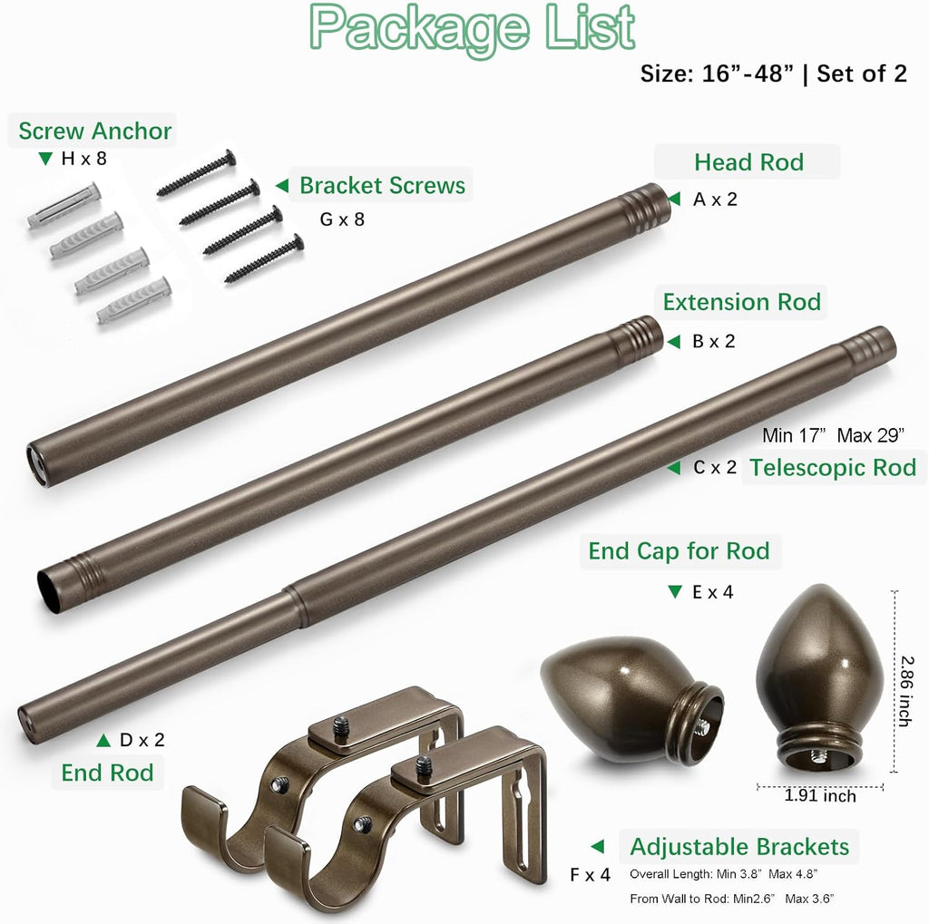 Curtain Rods for Windows 16 to 48 inches, Curtain Rod Max Adjustable Length to 60 in, Drapery Rod 1 inch Diameter with Modern Knobs Finials (Brown, 16" to 48" - Set of 2)