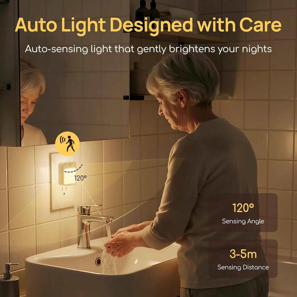 Plug-in Night Light with Motion Sensor, Dusk-to-Dawn Light Sensor, Stepless Dimming LED Night Lights for Bedroom, Hallway, Bathroom, Kids Room, Energy Efficient, 4-Pack