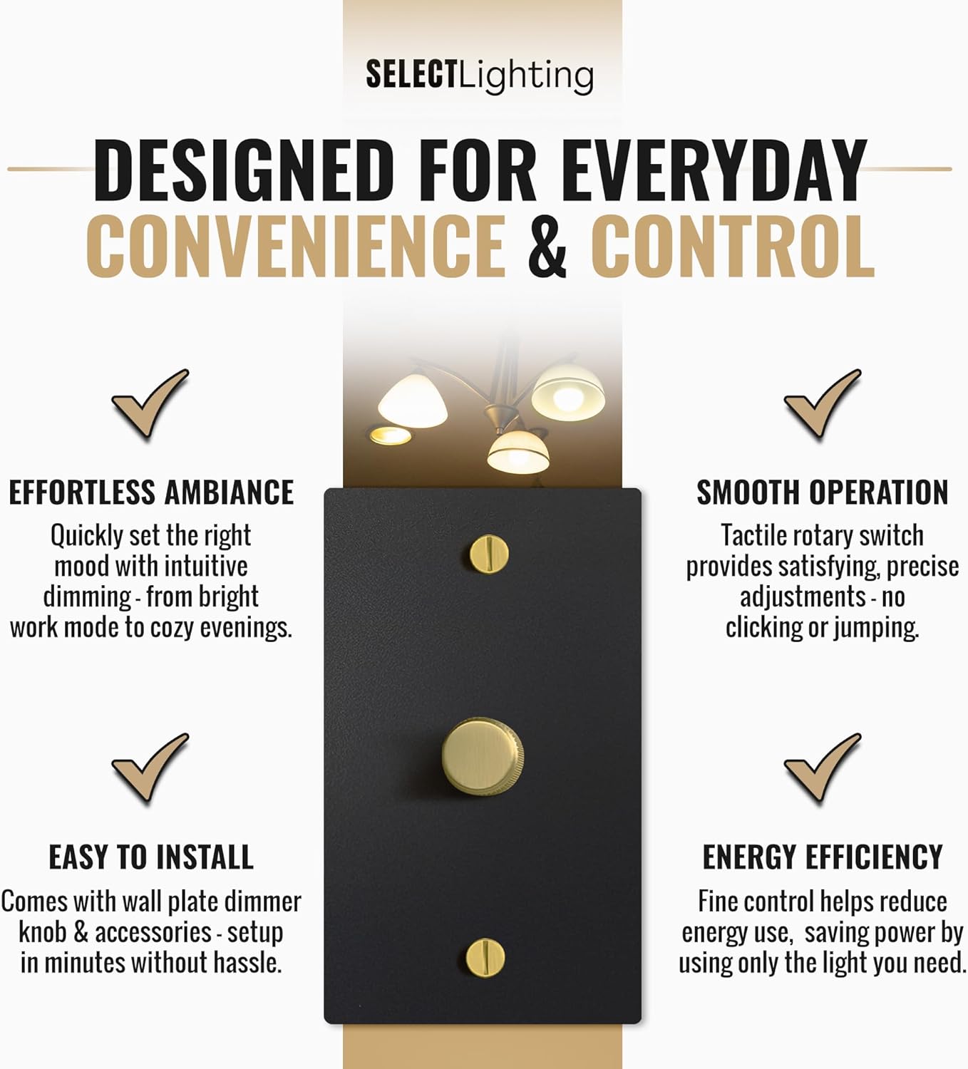 SELECT Black Brass Dimmer Light Switch, 1 Way Rotary Dimmer, 1 Gang TRIAC/Leading Edge Dimmable LED Light Switch, 15A 120V AC with Brass Knob, Faceplate & Dimming Module, UL Listed