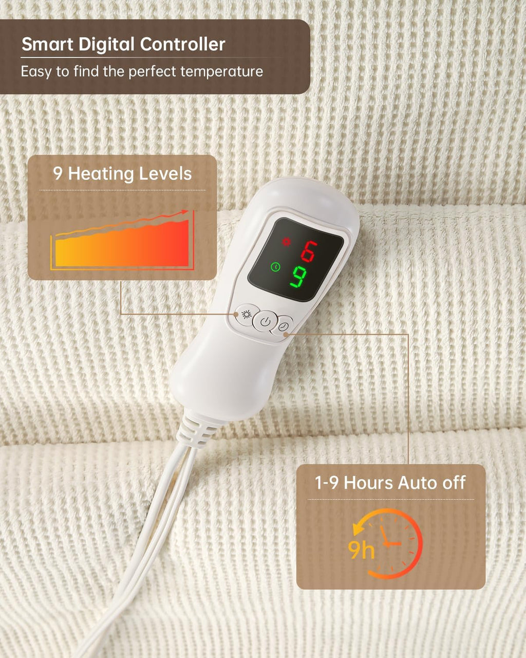 Electric Heated Blanket Throw Size, Washable Blanket Warmer for Home for Adults, Fast Heating Super Cozy Soft Fabric, 50" x 60", 9 Heat Levels, 1-9H Auto-Off, ETL Certified, Cream