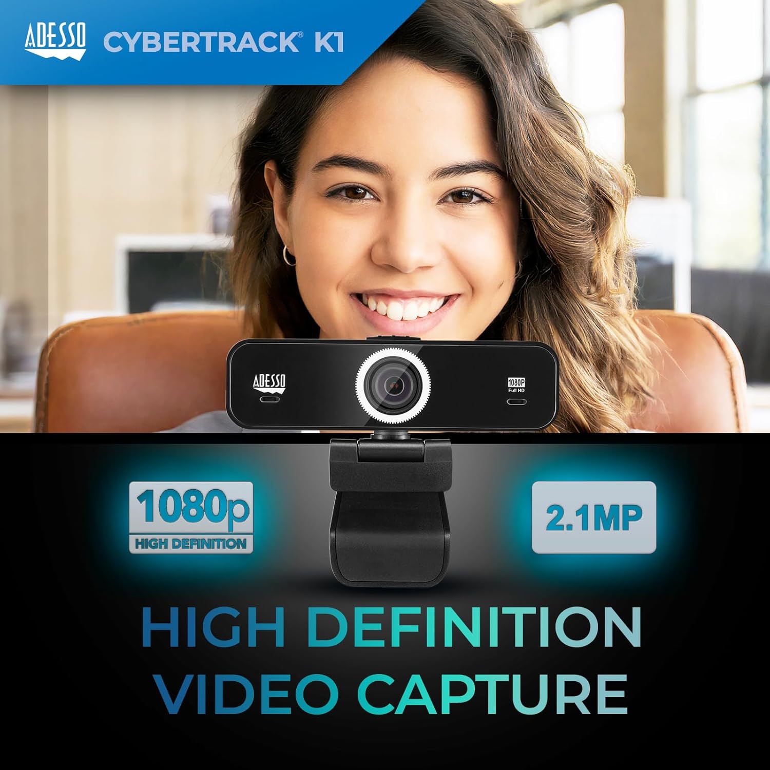 Adesso CyberTrack K1 1080P Full HD Fixed Focus USB Webcam with Adjustable View Angle Built-in Dual Microphones, Privacy Shutter, Audio/Video Mode Privacy ON/Off Switch & Tripod Mount