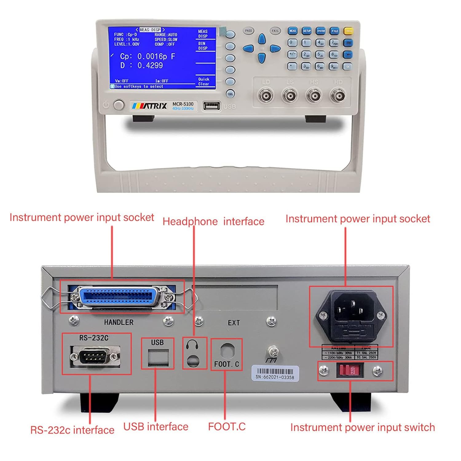 MATRIX LCR Meter, Capacitance Meter 40Hz-100kHz, Inductance Meter Accuracy 0.1%, Digital Multimeter with 32-Bit Core Processor, Electronic Component Tester 30Ω/100Ω Two Output Resistance, MCR-5100