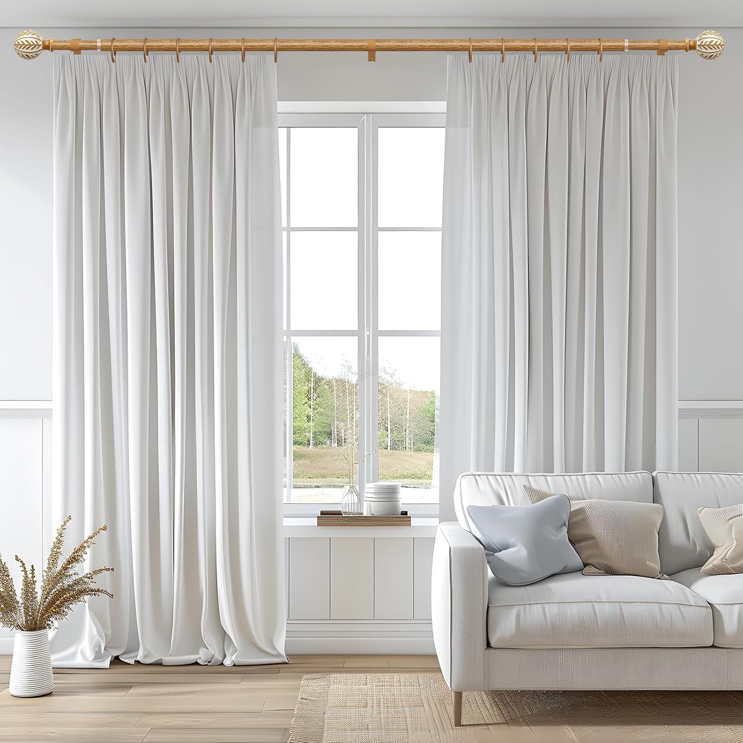 Boho Wood Curtain Rods for Windows 66 to 120 inch,1" Adjustable Heavy Duty Window Curtain Rod with Imitation Wood Grain Finials,Rustic Decorative Drapery Rods Set,Size:36-120'',Maple Wood
