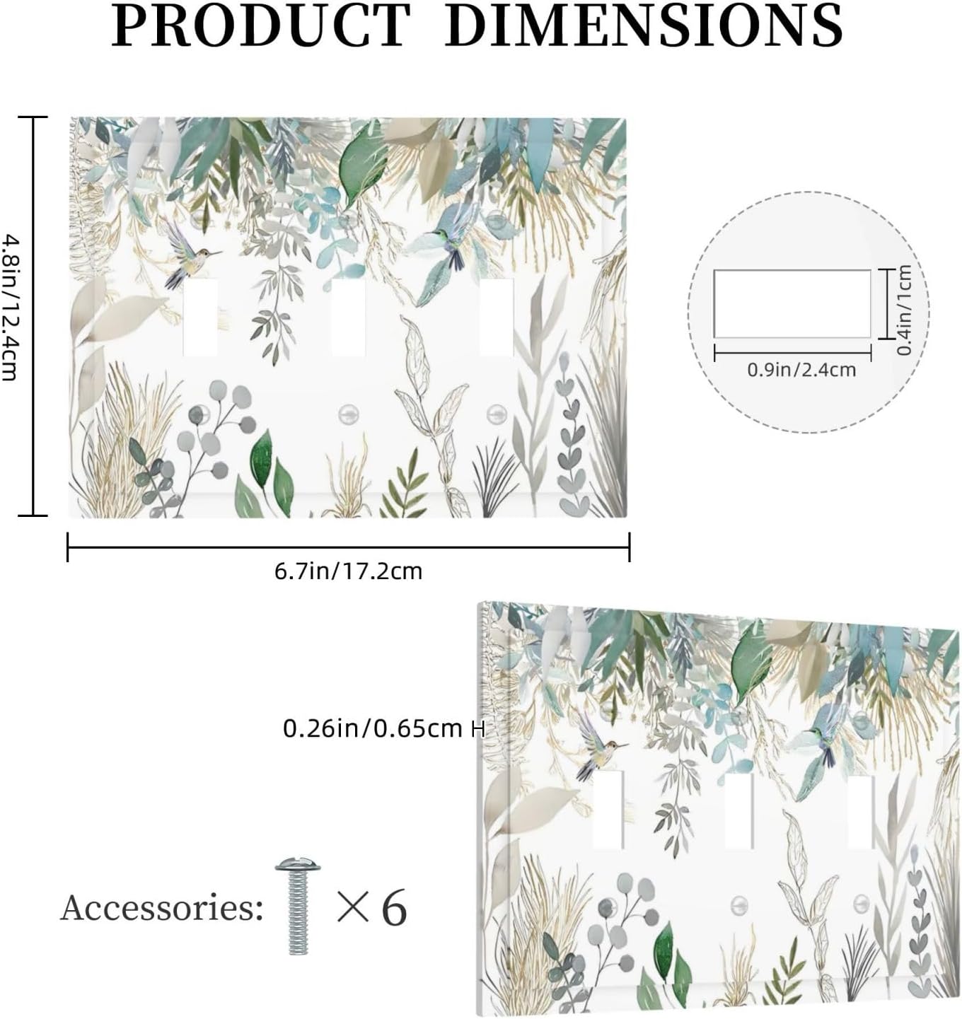 Green Tropical Palm Leaves Flower Plants Hummingbird Decorative Switch Plates 3 Gang Wall Plate Triple Toggle Light Switch Cover Faceplate Electrical Wall Panels for Bed Room Living Room Decor