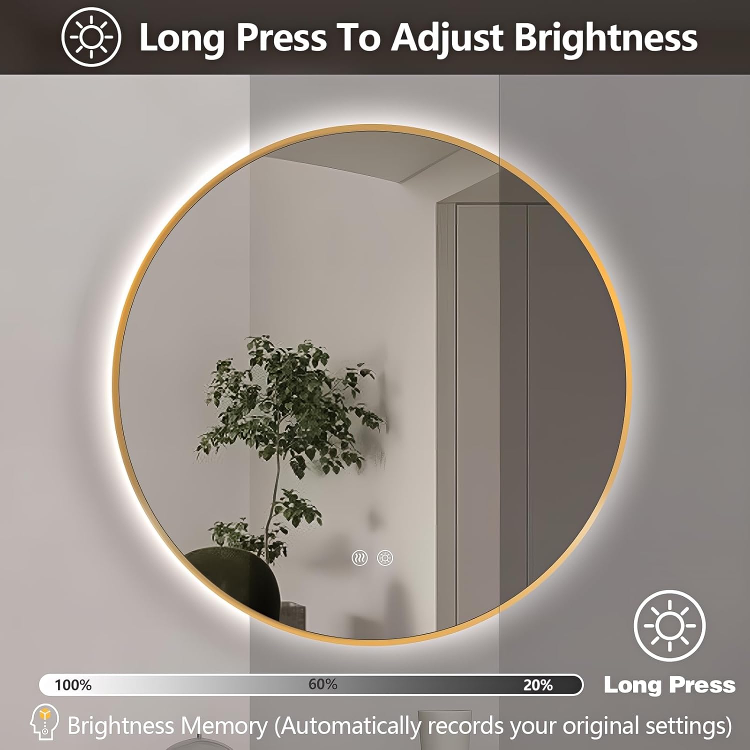 Niccy Round Led Mirror for Bathroom, 24" Backlit Mirror for Wall Circle Lighted Mirror with Gold Frame Anti-Fog, 3 Colors, HD Glass and IP65 Waterproof