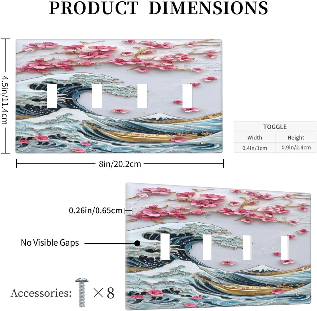Light Switch Covers The Great Wave Off Kanagawa With Sakura Quad Toggle Electrical Faceplate 4 Gang Wall Plate Decorative Switch Plates for Bedroom Bathroom Decor