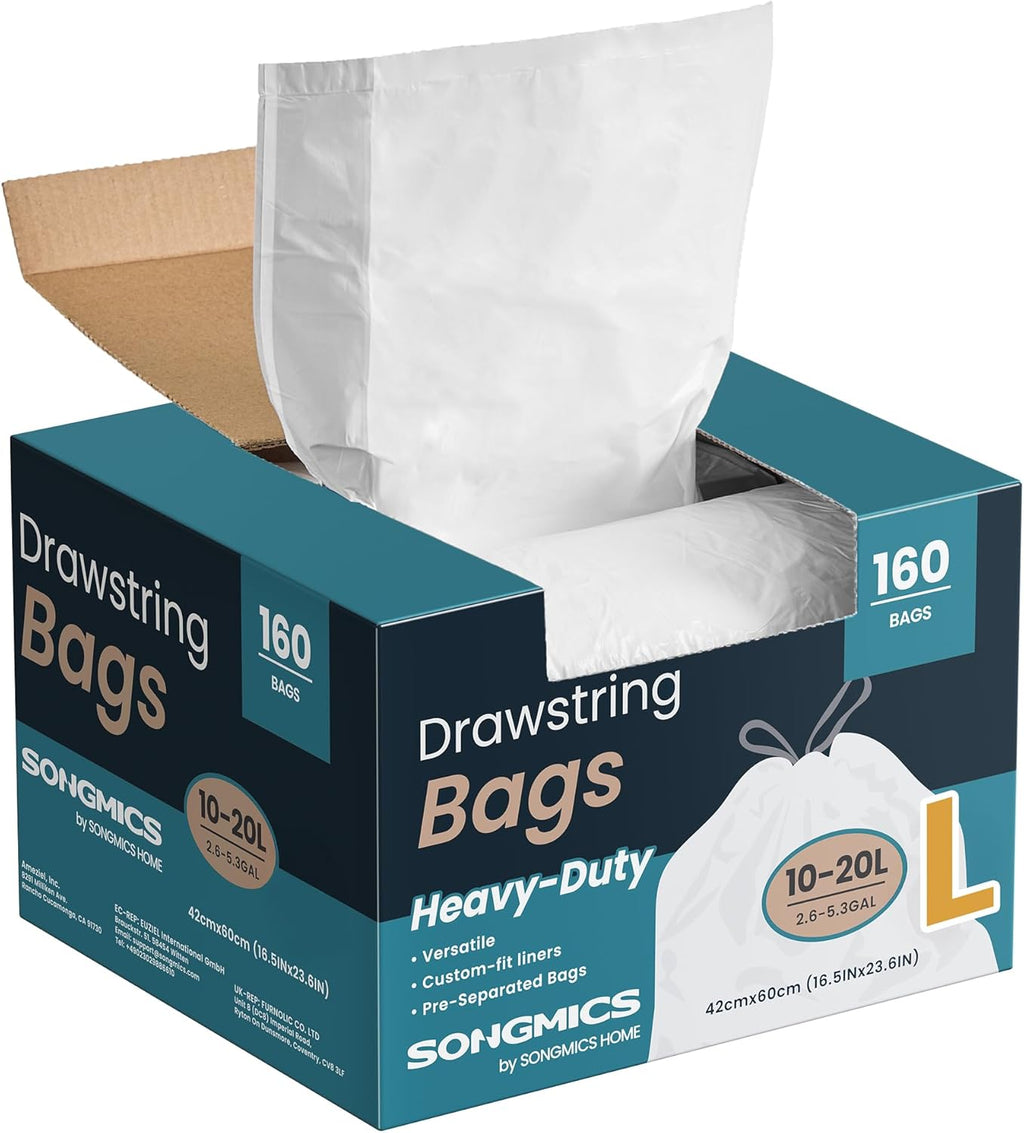 SONGMICS Trash Bags for 5.3 Gallon (20 L) Trash Cans, Drawstring Kitchen Garbage Bags, Pre-Separated, Quick-Dispense Box, Liner Code L, 4 Rolls, 160 Count, White UKRB021A04