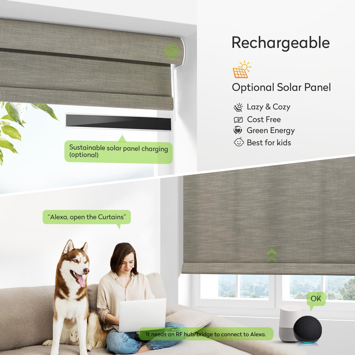 ZSTARR Motorized Light Filtering Roller Blinds with Remote Control,Rechargeable Smart Window Shades Compatible with Alexa Google via Hub,Fabric Wrapped Valance, Custom Size (Light Khaki)