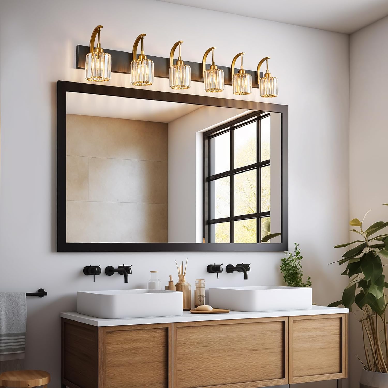 6-Light Crystal Vanity Light, Black Gold Modern Wall Sconce with K9 Crystal Shades, 51.18" Long Over Mirror Lighting for Bathroom, Makeup, Hallway, Elegant & Easy Install