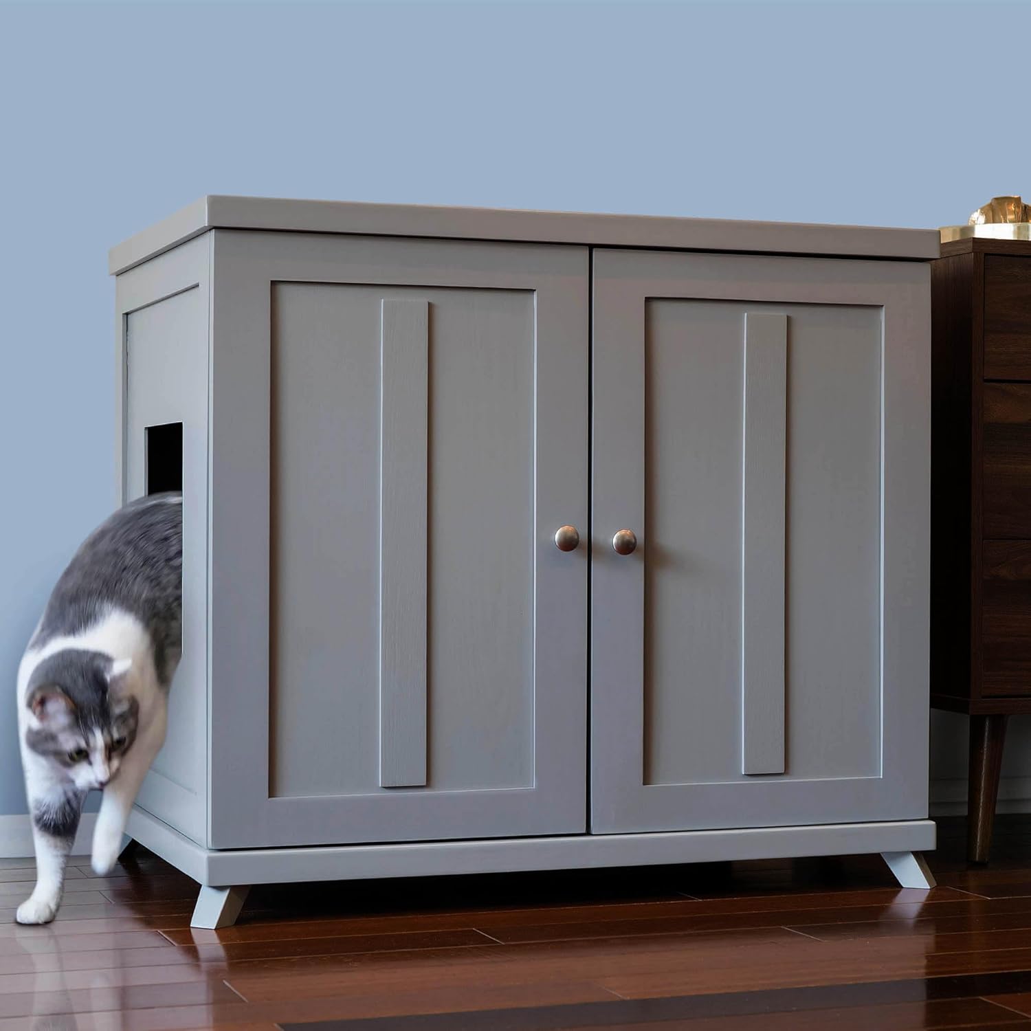 The Refined Feline Cat Litter Box Enclosure Cabinet, Shaker, Smoke Gray, Mid-Century Feet, XLarge, Hidden Litter Cat Furniture with Drawer