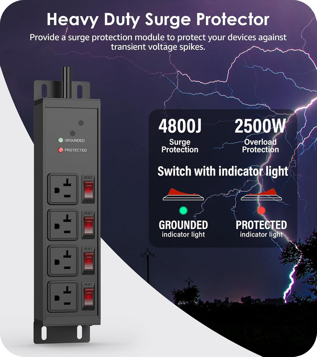 CCCEI Heavy Duty Surge Protector Power Strip 20 Amp Individual Switches. 4FT 12 Gauge Extension Cord with Multiple Outlets. Kitchen, Garage, Shop, Industrial Wall Mount Electric Extender, Black.