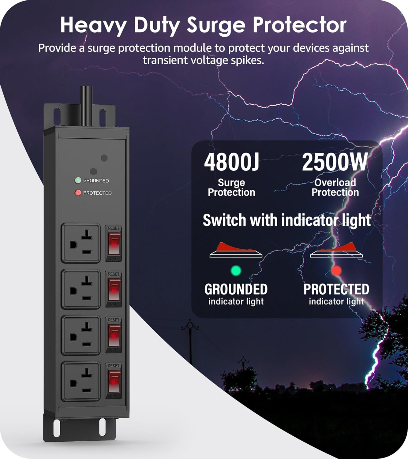CCCEI Heavy Duty Surge Protector Power Strip 20 Amp Individual Switches. 4FT 12 Gauge Extension Cord with Multiple Outlets. Kitchen, Garage, Shop, Industrial Wall Mount Electric Extender, Black.