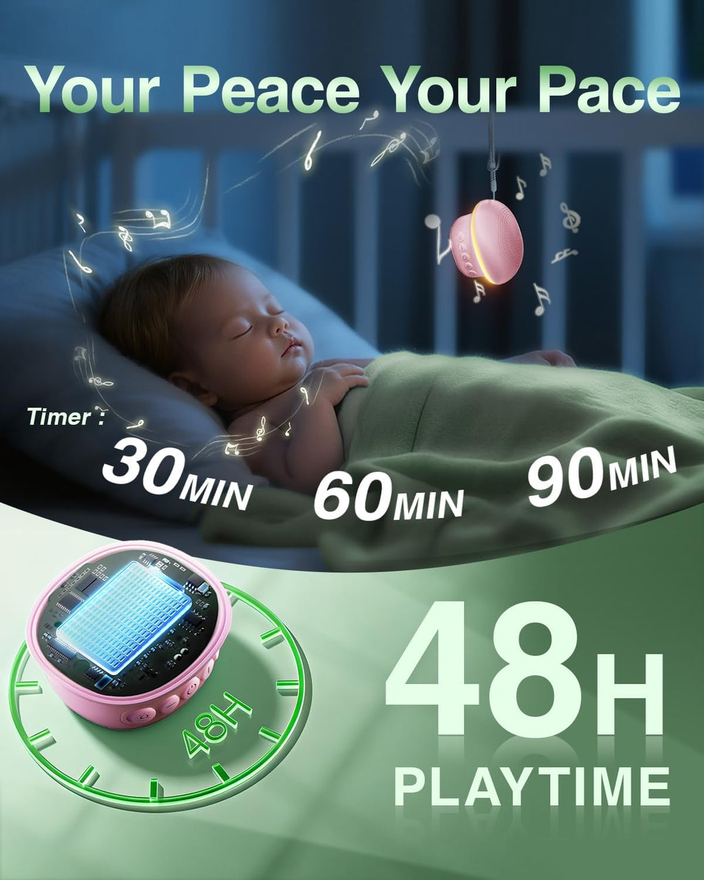 Portable White Noise Sound Machine for Baby Adults, 20 Soothing Sound & 30-Level Volume, 48H Runtime with 30/60/90min Timer, Memory Recall, Soft Night Light for Sleep, Home, Travel, Easy to Pocket
